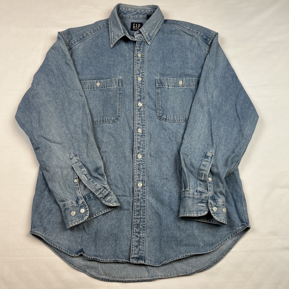 VTG 90s GAP Denim Shirt Men's M Blue Light Wash Button Up Long Sleeve Hong Kong